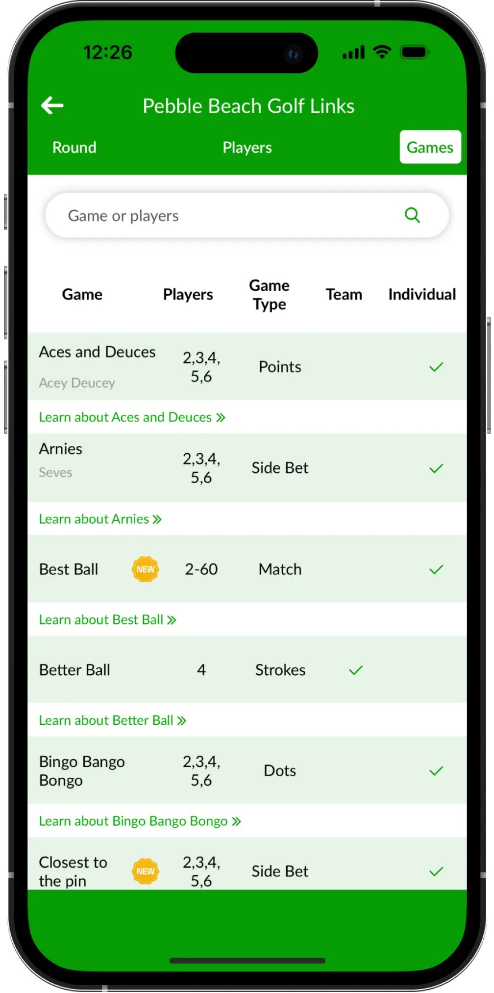 Mobile app screenshot showing the games list in Beezer Golf - Best golf betting games app