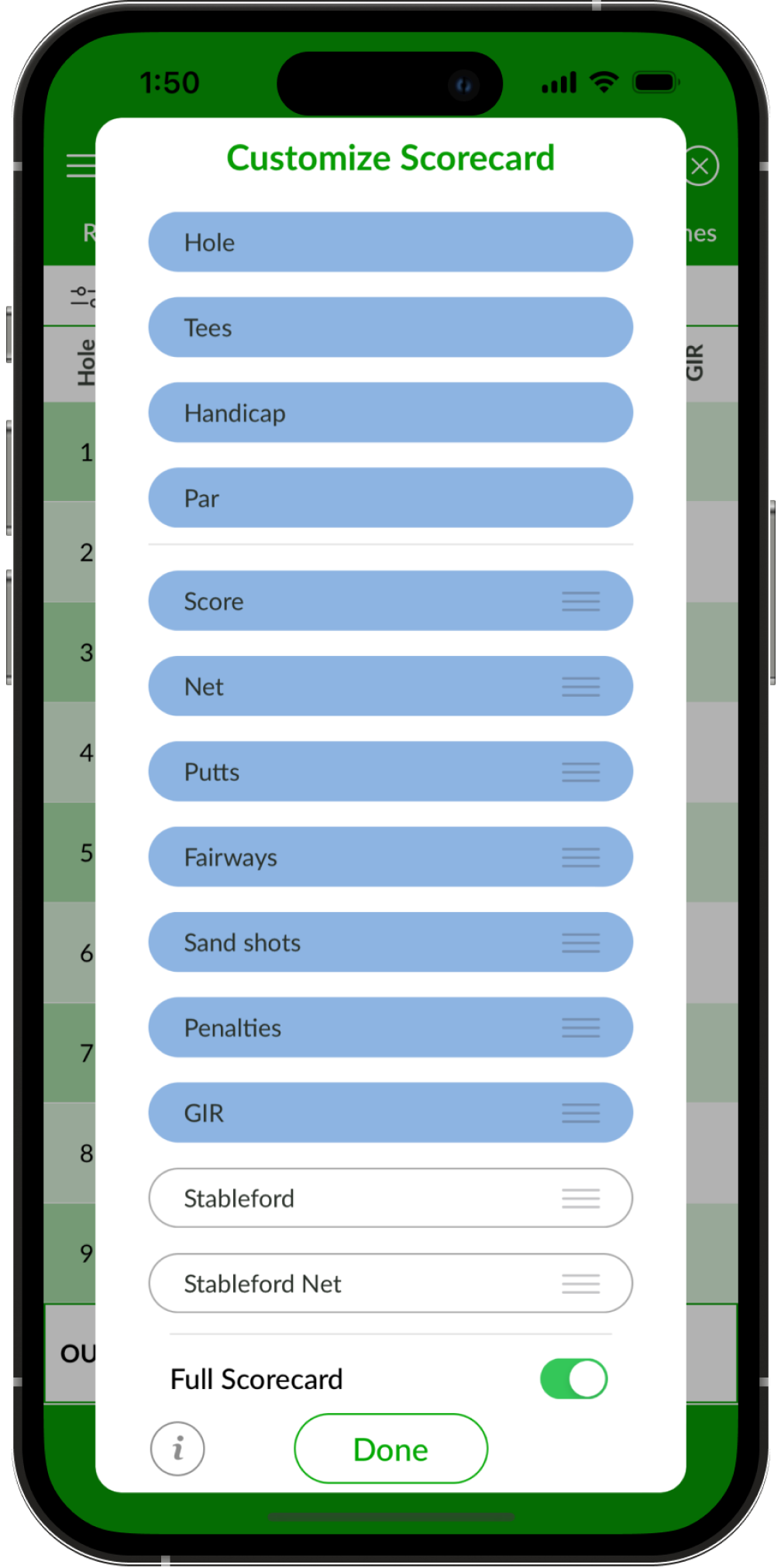 App screenshot showing the perfect Golf scorecard app with customizing option in Beezer golf app