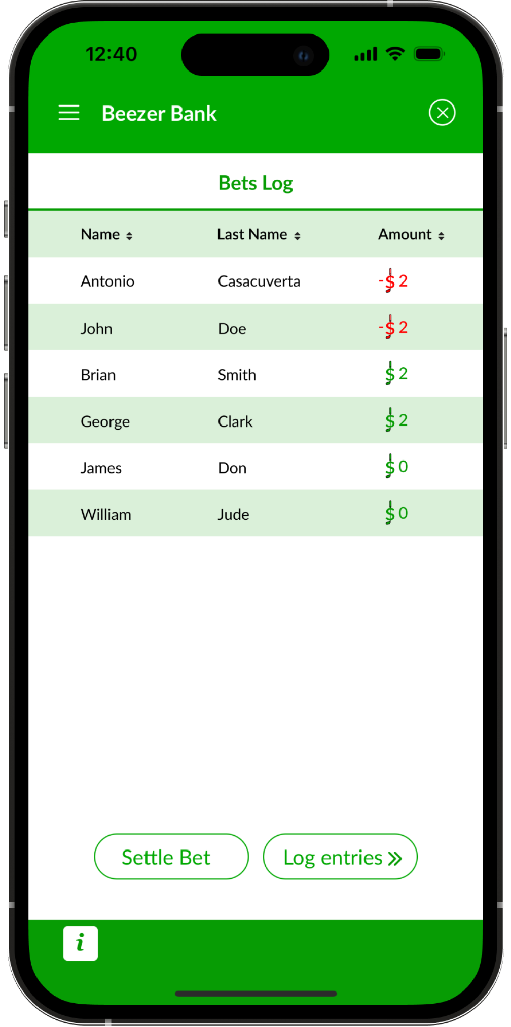 Beezer Bank app screenshot in the beezer golf app - A betting bank to track your bets at golf course