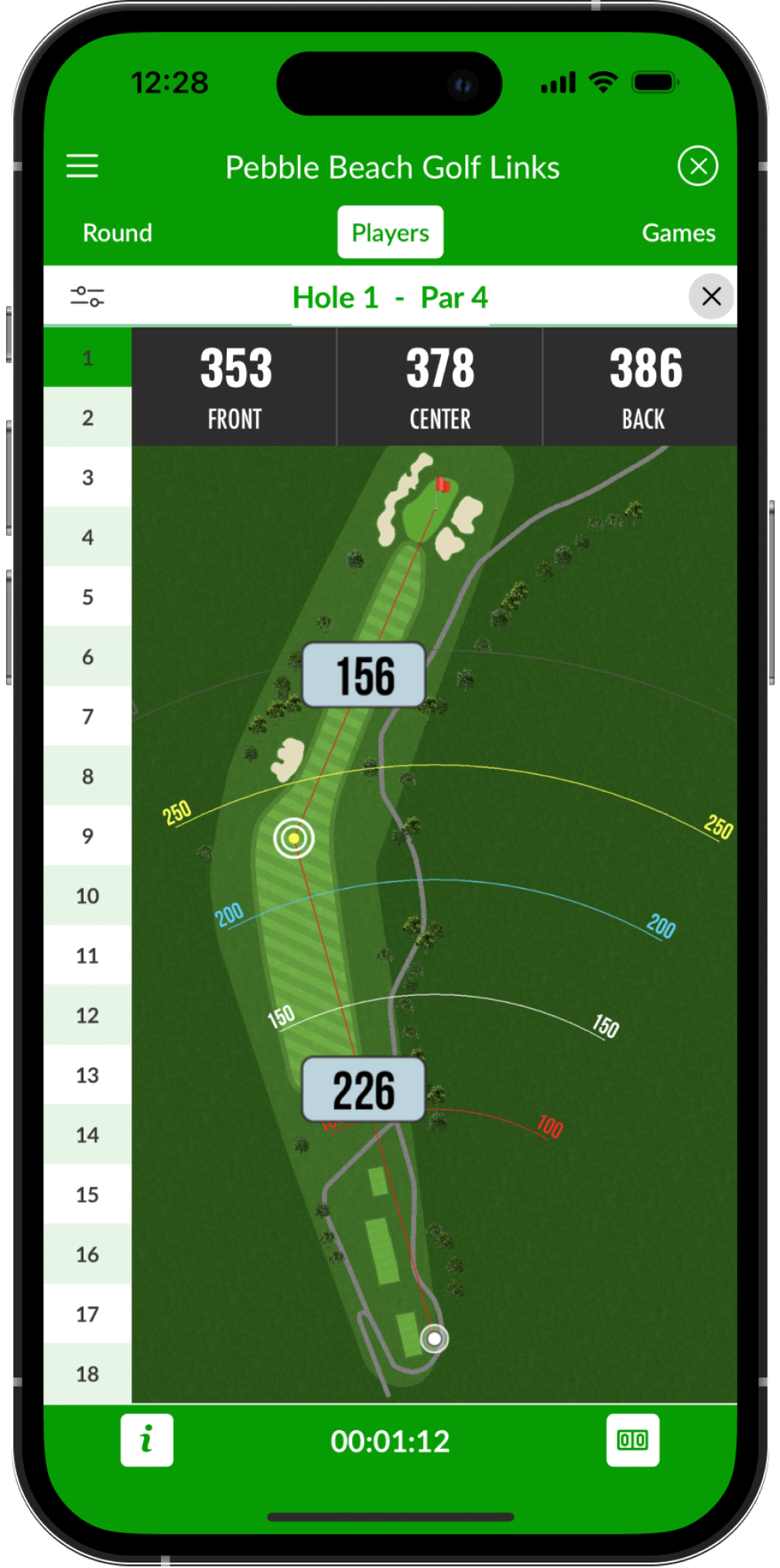 GPS screenshot in beezer golf app - gps calculates the distance between fairway,  greens, Rough and hazards