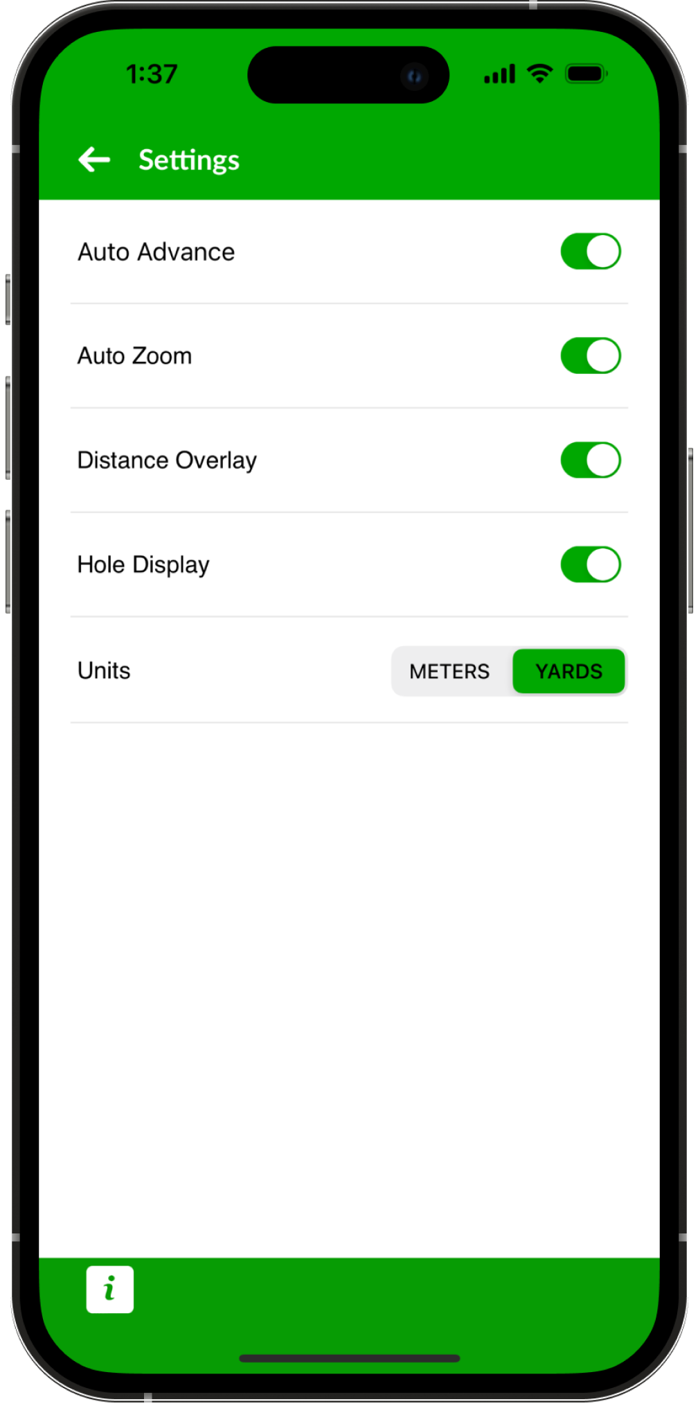 GPS Rangefinder app screenshot showing the configuration screens