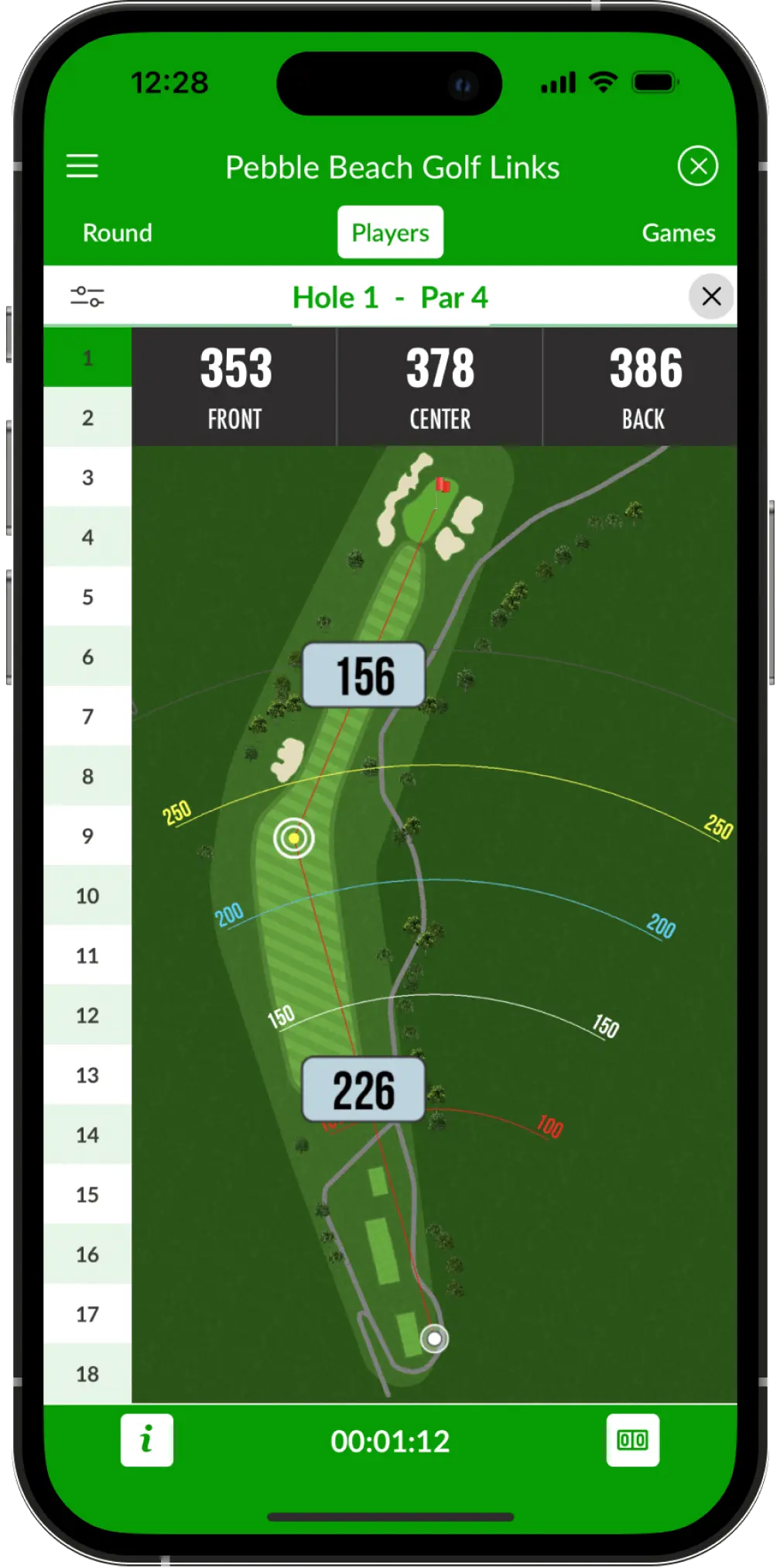 GPS screenshot in beezer golf app - gps calculates the distance between fairway,  greens, Rough and hazards